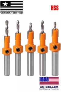 5pc Wood Countersink Tapered Adj Pilot Drill Bit Set Screw Set Superior Cutting - Picture 1 of 10