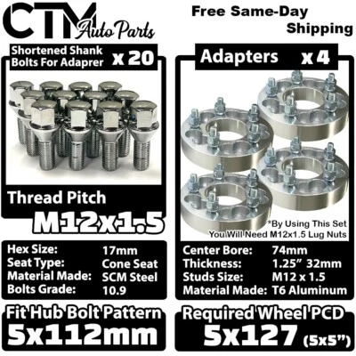 Adaptador espaciador rueda 4x 1,25" grueso 5x112 a 5x5 (5x127) + pernos aptos para Mercedes Foto 1 de 4