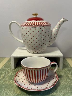 GRACE TEAWARE RED JOSEPHINE STRIPES & DOTS PORCELAIN TEAPOT CUP SAUCER 41 - Image 1 of 4