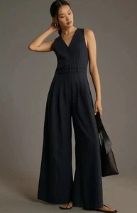 Anthropologie Maeve Jumpsuit Women Navy Stripe Avery Preppy Retro Size 10P NWT - Picture 1 of 12