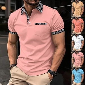Mens Stripe Polo T Shirt Short Sleeve Regular Fit Golf Work Casual Shirts Blouse - Picture 1 of 25