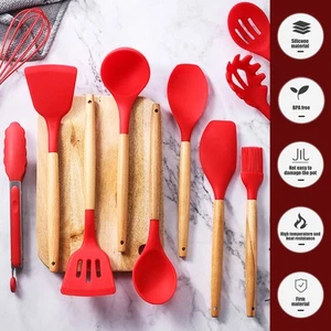 12Pcs Kitchen Cooking Utensils Set with Wood Handle Nonstick Red Silicone qiOsY - Picture 1 of 11