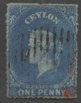 Sello Scott #28 / SG 46 Ceilán 1d Azul QV Pin Perfecto Usado 1863 Foto 1 de 2
