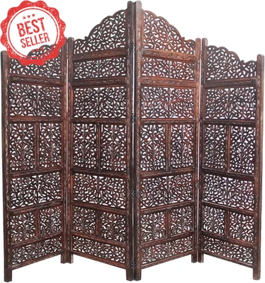Divisor de habitación de madera de 4 paneles 72x80" tallado a mano pantalla plegable marrón antiguo Foto 1 de 4