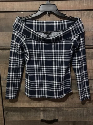 Top Plegable Fuera del Hombro Banana Republic XS Azul Marino Cuadros Preppy Retro Academia Foto 1 de 4