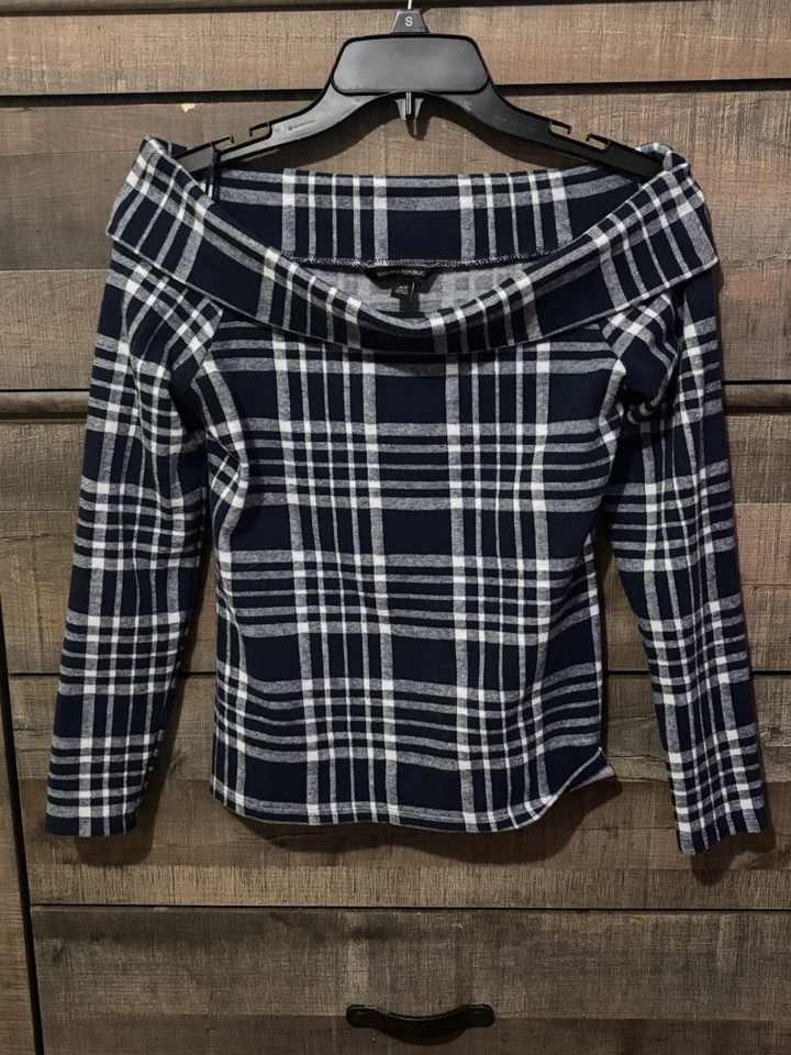 Top Plegable Fuera del Hombro Banana Republic XS Azul Marino Cuadros Preppy Retro Academia Foto 1 de 4