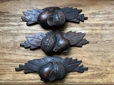 3件装古董大号9英寸抽屉拉手雕刻木质水果坚果叶Eastlake维多利亚 — 第 1/4 张图片