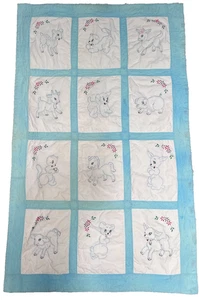 Antique Vintage 1930s Embroidered Cotton Baby Quilt Feedsack Fabric Backing - Picture 1 of 18