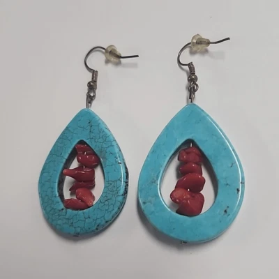 Pendientes Howlita Azul Lágrima Pendientes Colgantes Cuentas Rojas Centro Foto 1 de 3