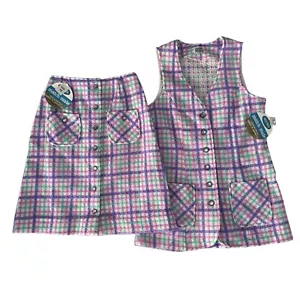 NOS Vtg Miss Holly Match Mate Skirt & Vest Suit Pastel Plaid Tweed Size 10 Japan - Picture 1 of 13