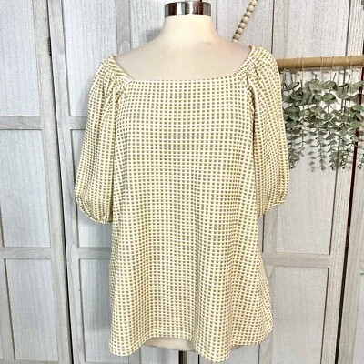 Ava & Viv Puffed Sleeve Top Mustard and White Gingham Check Stretch Plus Sz 1X - Image 1 of 4