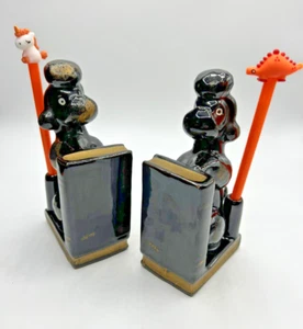 Vintage Redware Poodle Dog Bookend & Pen Holder Set Japan Glossy with Gold Trim - Picture 1 of 18