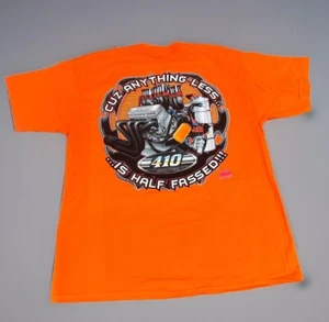 Vintage 410 Engine Tribal Graphic T Shirt Orange XL Racing Half Fassed Race - Picture 1 of 7