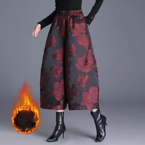 Women Fleece Lined Tapered Pants Jacquard Loose Wide-leg Ankle Trousers Bloomers - Picture 1 of 15