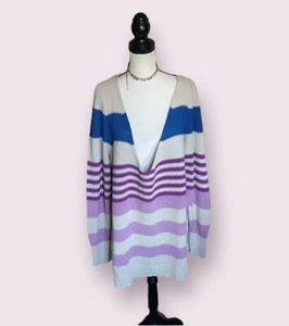 Lane Bryant Ivory Blue Purple Stripe V Neck Cotton Sweater Woman's Plus 22 24 3X - Picture 1 of 10