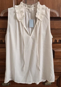 NWT LOFT, PETITE SMALL Cream Ruffle Mock Tie Neck Sleeveless  Blouse Tank Top - Picture 1 of 9