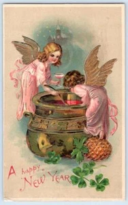 1910's ANGELS DIP WINE FROM CAULDRON HAPPY NEW YEAR GOLD EMBELLISHED POSTCARD - Picture 1 of 2