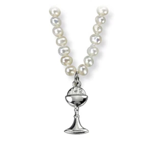 Pearlized Glass First Communion Sterling Silver Chalice Medal Necklace, 16 In - Picture 1 of 1