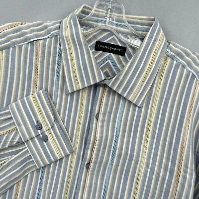 Jhane Barnes Shirt Mens XXL 2XL Button Up Blue Striped Jacquard Silk Rayon - Image 1 of 4