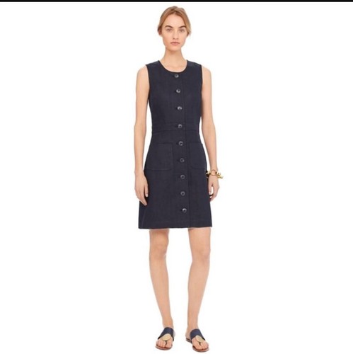 Abito a tubino senza maniche Tory Burch 2 blu navy in lino con bottoni davanti