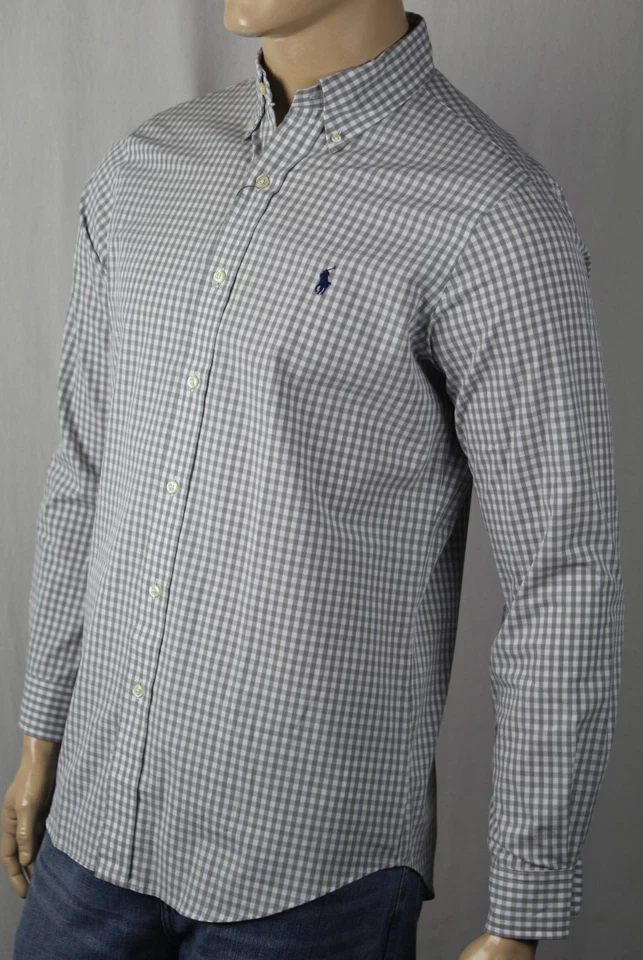 Camisa de vestir Ralph Lauren gris a cuadros clásica manga larga azul marino pony nueva con etiquetas Foto 1 de 1