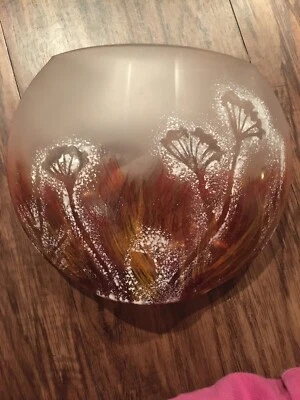 Womar Glass Blown Painted Flowers Yellow Red Oval Vase - Image 1 of 4