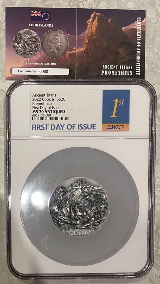2020 Prometheus Titan 3 OZ Ultra High Relief Silver Coin Cook Island NGC MS70 - Image 1 of 2