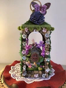 Fairy Whimsical Lantern Hand Crafted Stone Front, Figurines, Flowers, Moss - Picture 1 of 12