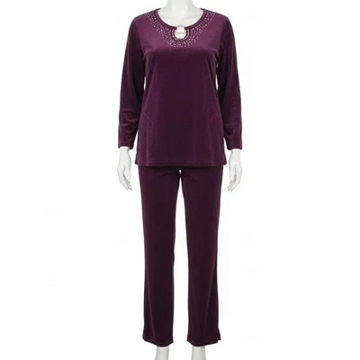 Quacker Factory Velour Lounge Set M Purple Purple Embellished Top Pants Casual - Image 1 of 4