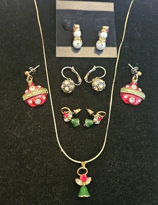 Christmas Pierced Earring Lot 4 Pairs + Necklace Avon Snowman Angels Ornaments - Image 1 of 4