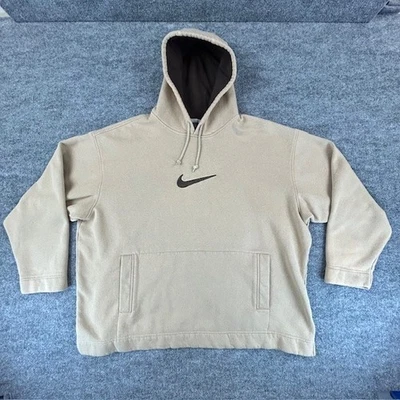 Nike Hoodie Mens Extra Large Beige Center Swoosh Sweatshirt Streetwear Baggy Y2K - Image 1 of 4