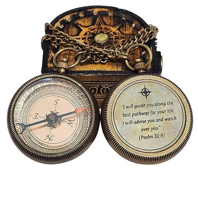 I Will Guide You Engraved Compass with Authentic Leather Case Brass Compass  - Image 1 of 4