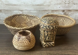 Lot Of 4 Hand Woven Baskets Various Sizes & Styles Ethnic Boho Decor - Picture 1 of 17