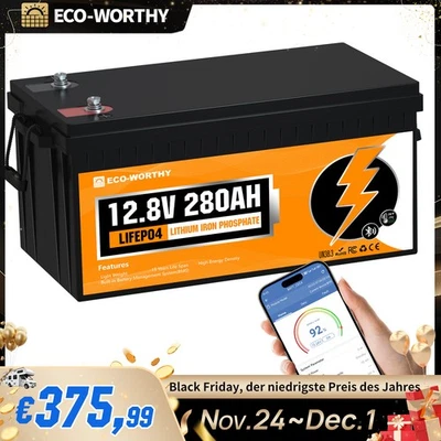 ECO-WORTHY Batería de litio 12V 280Ah Bluetooth LiFePO4 con batería solar BMS sistema solar