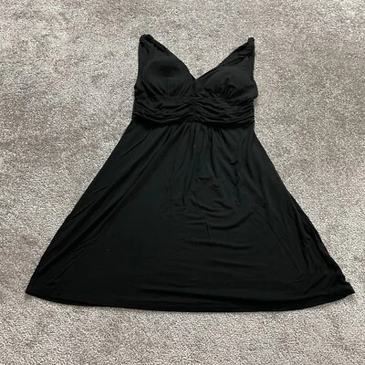 Vestido de poesía para mujer pequeño negro rayón suave elástico línea A correa torcida cuello en V midi Foto 1 de 4