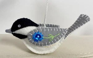 Wool Felt Black-Capped Chickadee Bird Ornament Handcrafted Embroidery Beads New - Picture 1 of 8