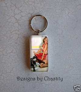 Pinup Scrabble Keychain Dog Groomer Pin up Girl in Red Splashed Domino Art Charm - Picture 1 of 1