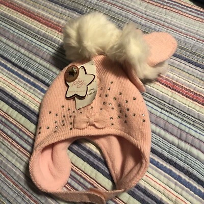 Gorro Toby & Me rosa tejido estrás pompón y mitones de borde de piel blanca Foto 1 de 4
