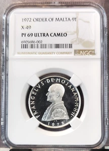 1972 ORDER OF MALTA SILVER 9 TARI X-49 NGC PF 69 ULTRA CAMEO RARE TOP POP 1 - Picture 1 of 3