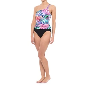 Profile by Gottex Black Canary Islands Asymmetrical 1-Piece Swimsuit NWT Size 14 - Picture 1 of 3