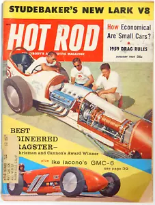 RIVISTA AUTOMOTIVE HOT ROD VINTAGE GENNAIO 1959 DRAG RULES SUDEBAKER'S LARK V8 GMC6 - Foto 1 di 3