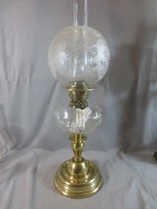 ANTIQUE BRASS & CUT GLASS OIL LAMP & ORIGINAL ACID ETCHED ROUND OIL LAMP SHADE - Picture 1 of 22