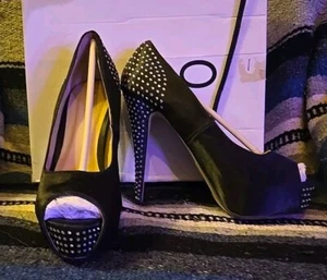 ALDO Open Toe High Heels Women’s Black Rhinestone Satin Sandals Size 8 EUC Box - Picture 1 of 10