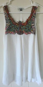 Pixie Womens S/M Beaded Tank Top Loose Flowy Hippie White W Colorful Neckline - Picture 1 of 7
