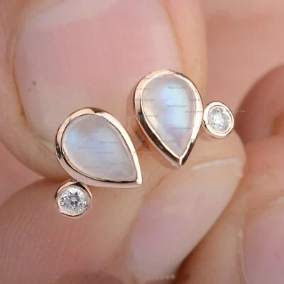 Rainbow Moonstone with Diamond Bezel Set Studs 18k Rose Gold Earrings Jewelry - Image 1 of 2