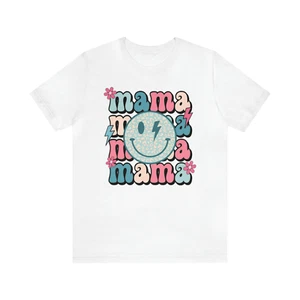 Women's Retro Pastel Mama Smiley Face Lightning Bolt Shirt White Medium - Picture 1 of 10