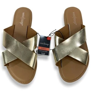 Women's SIZE SMALL (5/6) Gold Criss Cross Slip-On Sandals Cushioned Insoles NWT - Picture 1 of 1