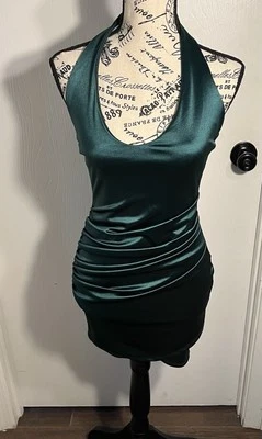 Windsor Med Emerald Green Halter Medi Satin Dress Mermaid Iridescent Y2K Prom - Image 1 of 4