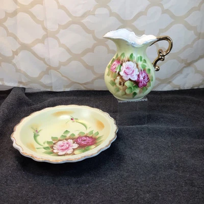 JARRA Y CUENCO DECORATIVO COLECCIONABLE VERDE MENTA CON DISEÑO FLORAL Foto 1 de 4