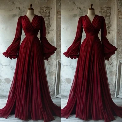 Vestido de novia rojo de gasa con lado dividido manga larga cuello en V fruncido vestido de novia Foto 1 de 4